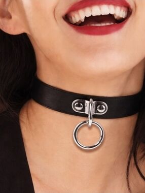 New! Black Leather O-Ring Choker Necklace Gothic Punk Collar Adjustable